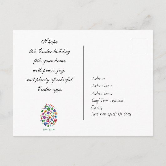 Carte Postale Texte personnalisé, Joyeuses Pâques (folklore) (Dos)