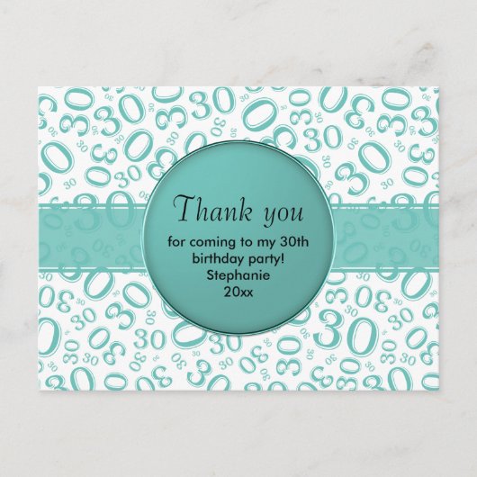 Carte Postale Thank You 30 Random Number Pattern Teal/White (Devant)
