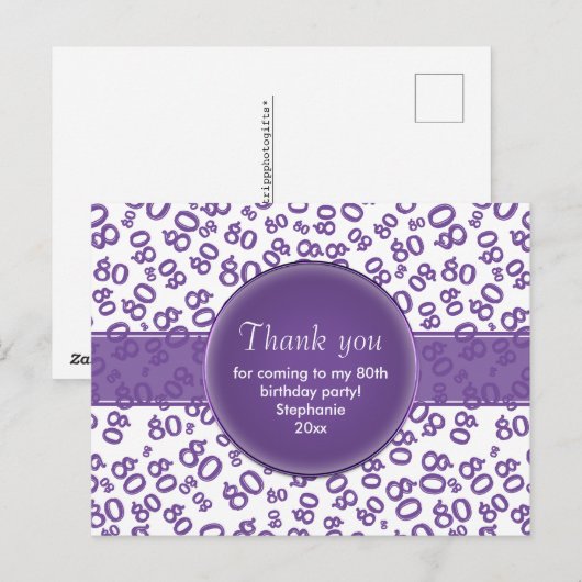 Carte Postale Thank  You 80 Purple/White Birthday Number Pattern (Devant / Derrière)