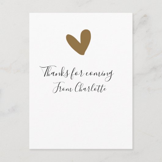 Carte Postale thanks for coming add name text message gold heart (Devant)
