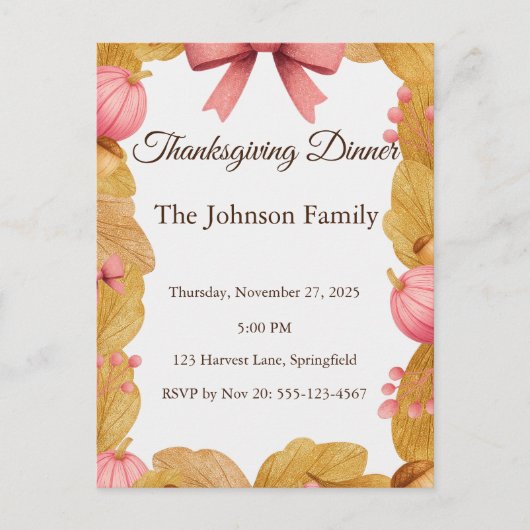 Carte postale Thanksgiving avec couronne d'automne (Devant)