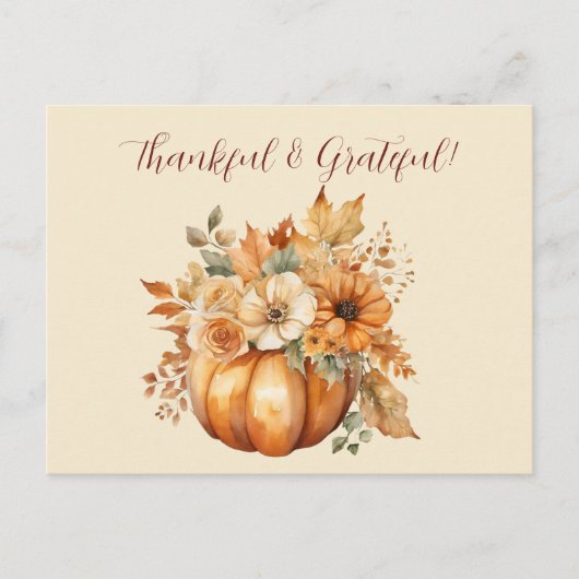 Carte Postale Thanksgiving-Watercolor Citrouille Floral Design- (Devant)