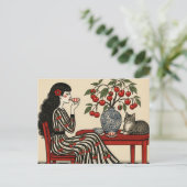 Carte Postale Thé avec mon chat dans ma robe cerise (Debout devant)