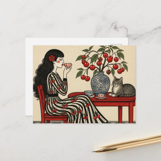 Carte Postale Thé avec mon chat dans ma robe cerise (Devant/Arrière en situation)
