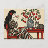 Carte Postale Thé avec mon chat dans ma robe cerise (Devant)