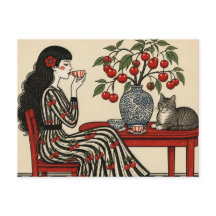 Thé avec mon chat dans ma robe cerise