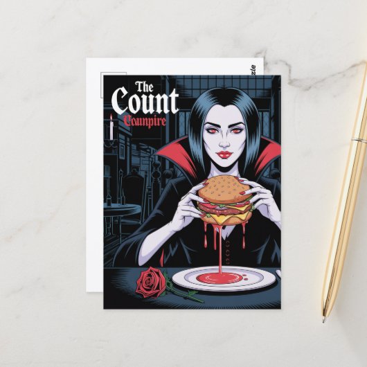 Carte Postale The Count Vampire With a Cheeseburger (Devant/Arrière en situation)