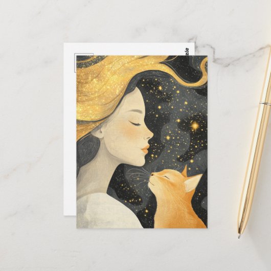 Carte Postale The Cute Ginger Cat and a Woman (Devant/Arrière en situation)