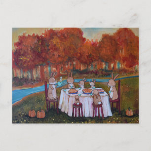 Carte Postale Thé de l'automne Famille de lapins