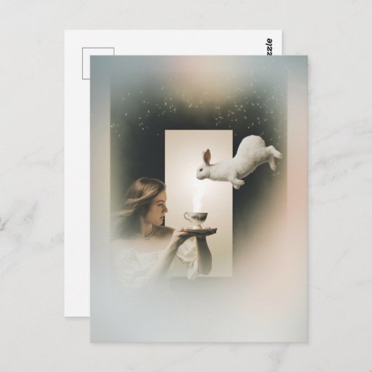 Carte Postale Thé Magique Surreal avec lapin blanc (Devant / Derrière)