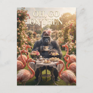 Carte Postale Thé surréaliste : Gorille en chapeau avec flamants