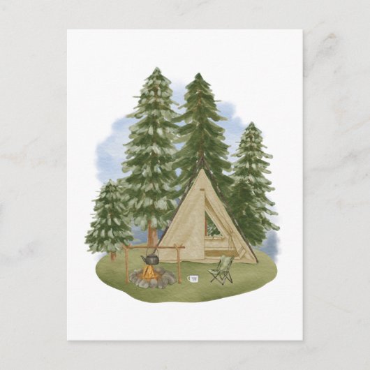 Carte Postale Thème Camping feu, tente, Forêt, Arbres (Devant)