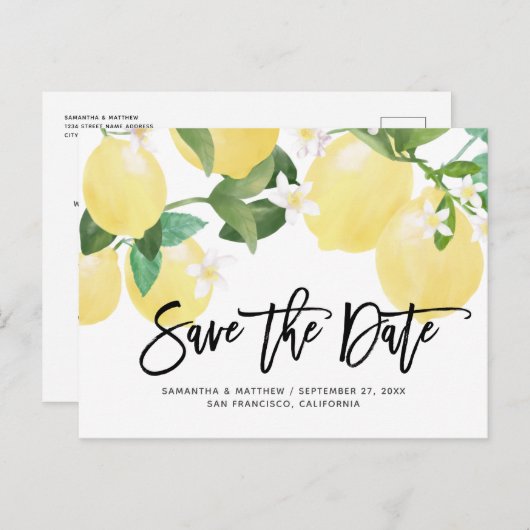 Carte Postale Thème Citron Mariage Été Enregistrer La Date (Devant / Derrière)