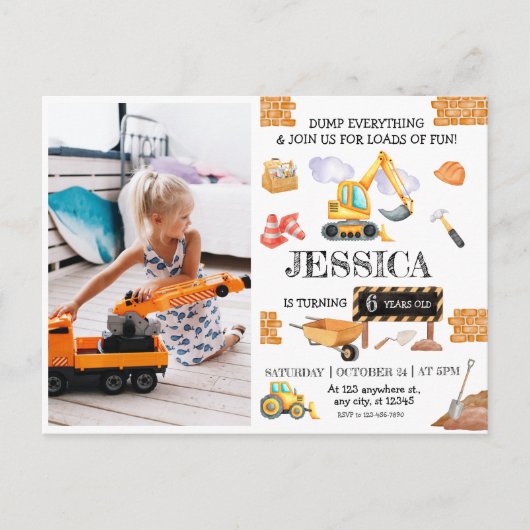 Carte Postale Thème d'anniversaire Camions de construction (Devant)