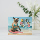 Carte Postale Thème d'anniversaire de chat à la plage pour chat (Debout devant)