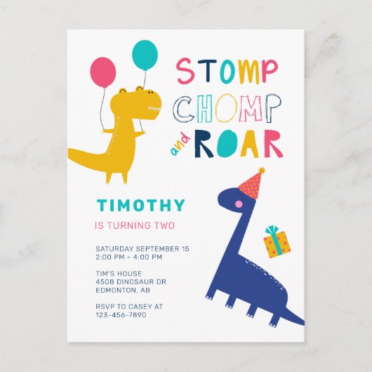 Carte Postale Thème d'anniversaire de dinosaure mignon pour garç (Devant)