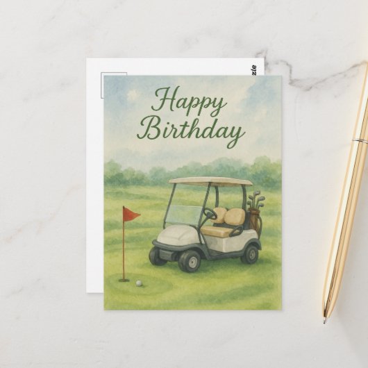 Carte Postale Thème d'anniversaire de golf avec gouache de chari (Devant/Arrière en situation)