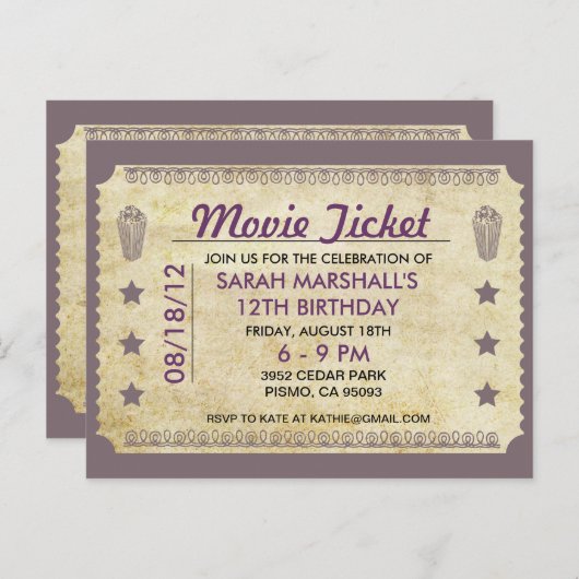 Carte Postale Thème de billet de cinéma (Devant / Derrière)