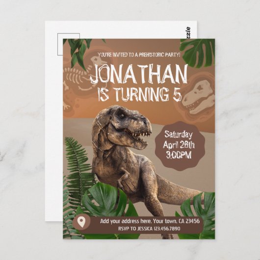 Carte Postale Thème de fête d'anniversaire Dinosaure T rex (Devant / Derrière)