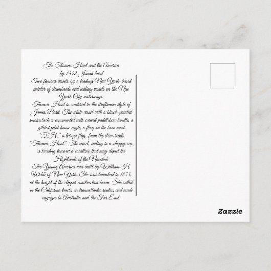 Carte Postale Thomas Hunt et l'Amérique 1852 (Dos)