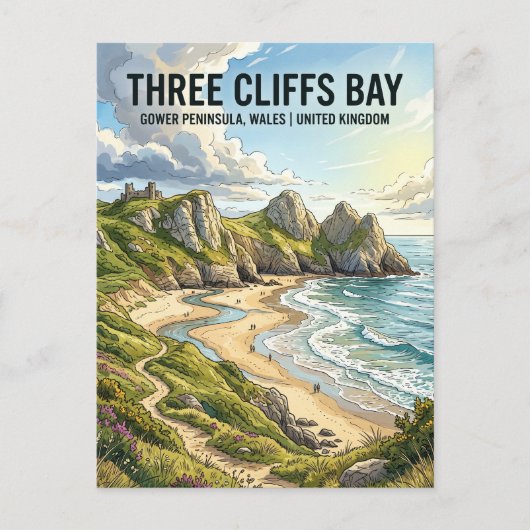 Carte Postale Three Cliffs Bay Royaume-Uni (Devant)