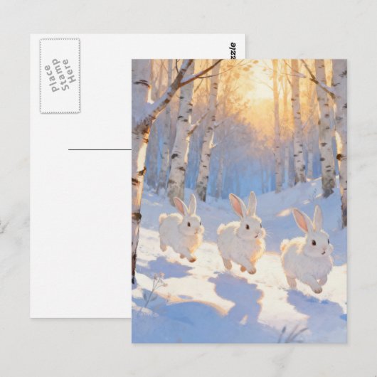 Carte Postale Three White Winter Rabbits  (Devant / Derrière)