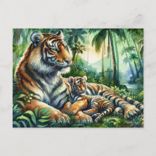 Carte Postale Tigers dans une jungle luxuriante peinture aquarel