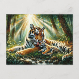 Carte Postale Tigers dans une jungle luxuriante peinture aquarel