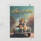 Carte Postale Tigre assis sur une voiture de sport Joyeux annive (Devant / Derrière)