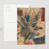 Carte Postale Tigre avec ailes collage en techniques mixtes (Devant / Derrière)