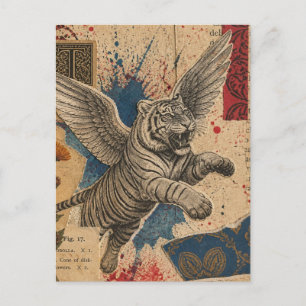 Carte Postale Tigre avec ailes collage en techniques mixtes