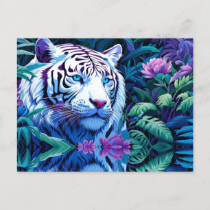 Carte Postale Tigre blanc en fleurs violettes