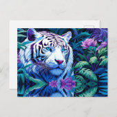 Carte Postale Tigre blanc en fleurs violettes (Devant / Derrière)