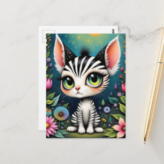 Carte Postale Tigre Blanc Fantaisie Créature dans les Fleurs