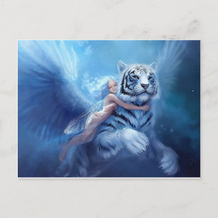 Carte Postale Tigre Blanc Volant Avec Angel