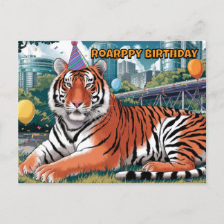 Carte Postale tigre du bengal portant un chapeau d'anniversaire 