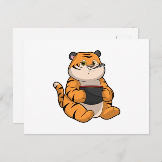 Carte Postale Tigre en train de manger avec un bol (Devant / Derrière)