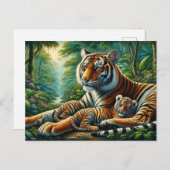 Carte Postale Tigre et petit dans une peinture de jungle luxuria (Devant / Derrière)