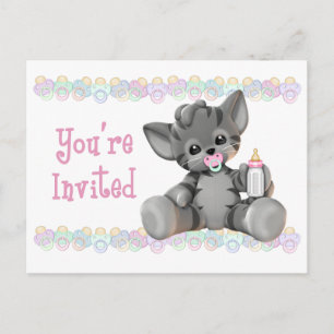 Carte Postale Tigre gris Kitten Baby shower rose Invitation