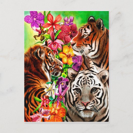 Carte Postale Tigres et fleurs Belle oeuvre d'art de la jungle (Devant)