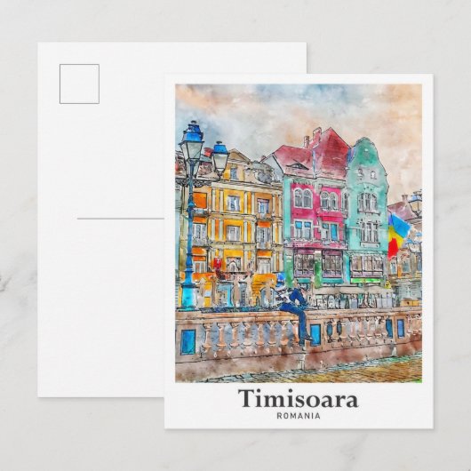 Carte Postale Timisoara Roumanie Voyage Aquarelle main tirée (Devant / Derrière)