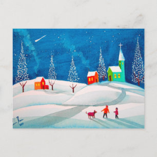 Carte Postale Tir star folk art naïf scène de neige hivernale