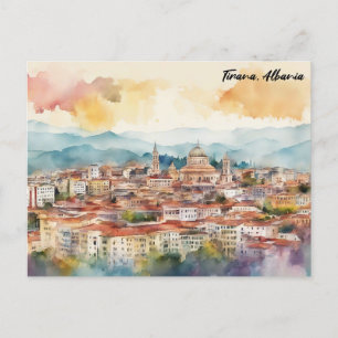 Carte Postale Tirana Albanie aquarelle peinture Panorama
