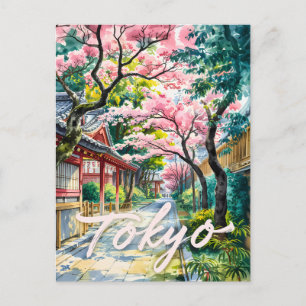 Carte Postale Tokyo Cerisier Fleur Aquarelle Japon Traditionnel 