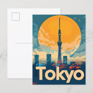 Carte Postale Tokyo City Japon Vintage Retro Voyage Illustration