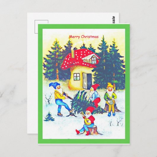 Carte Postale Tomte primitif mignonne, Gnomes ou Elfes Coupe Arb (Devant / Derrière)