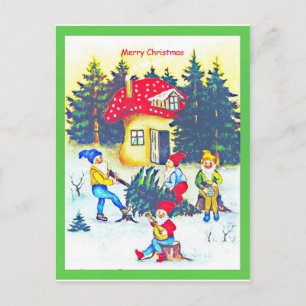 Carte Postale Tomte primitif mignonne, Gnomes ou Elfes Coupe Arb