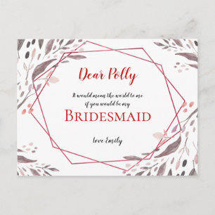 Carte Postale Tons bleus Feuille/géométrique/demande Bridesmaid