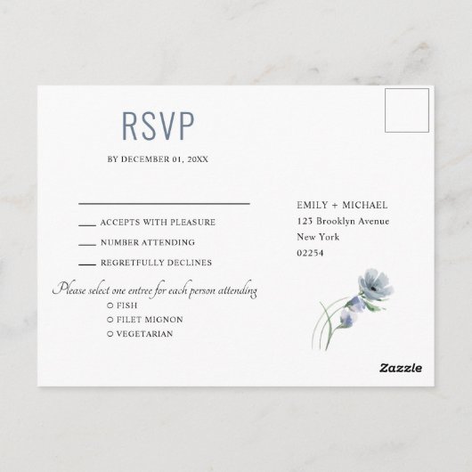 Carte Postale Tons de gris Dusty Bleu Mariage d'hiver RSVP Pos (Dos)