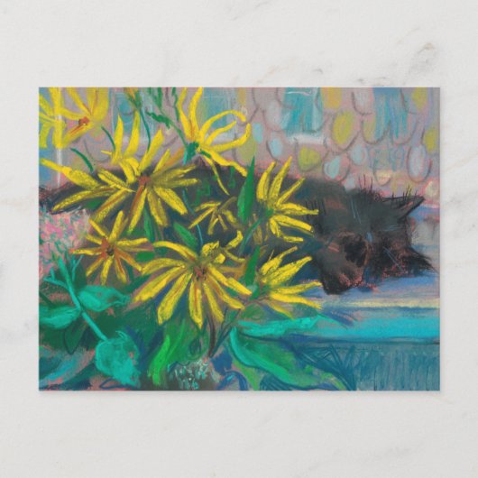 Carte Postale Topinambour Dreams Chat Noir Fleurs Jaunes Pastel (Devant)